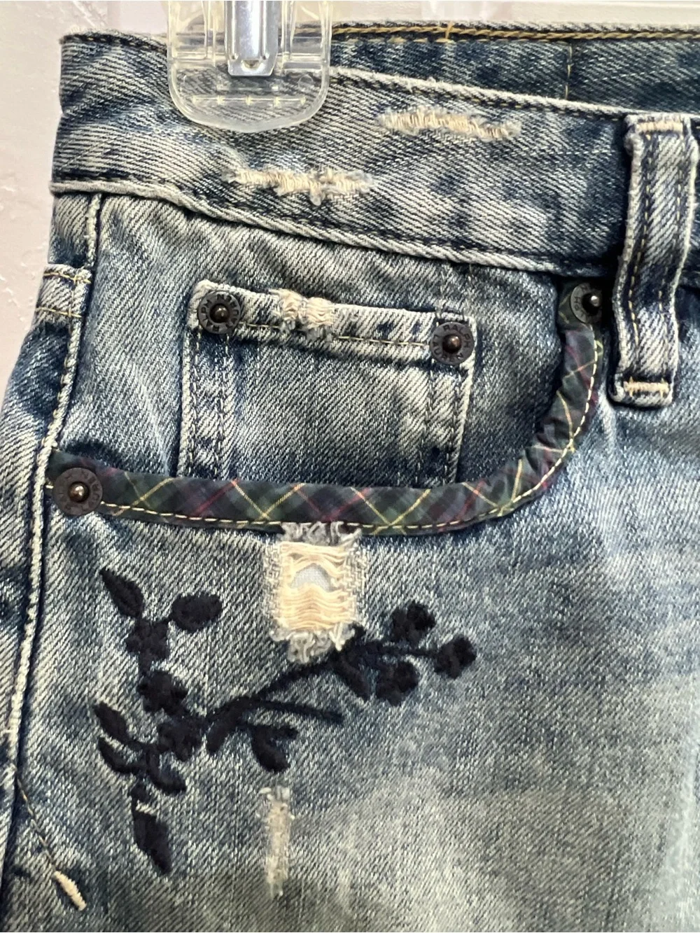 Ralph Lauren Distressed Blue Denim Mini Skirt with Embroidered Detail